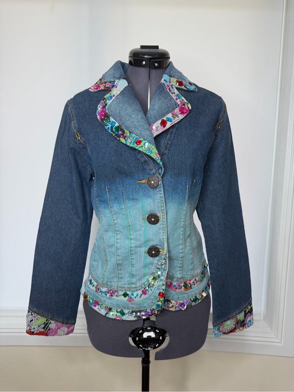 Women's Ombre Blue Denim Jacket with Floral Trim